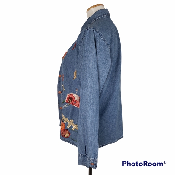 Vintage denim Bluejean fall embroidered pumpkin button up long sleeve shirt M - Picture 2 of 9